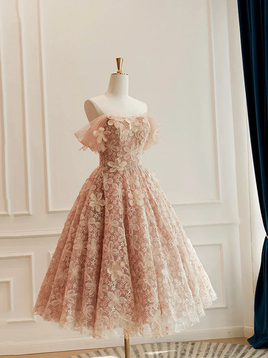 Cute Tulle Flower Short Prom Dress Beautiful Off the Shoulder A-Line Evening Party Dress