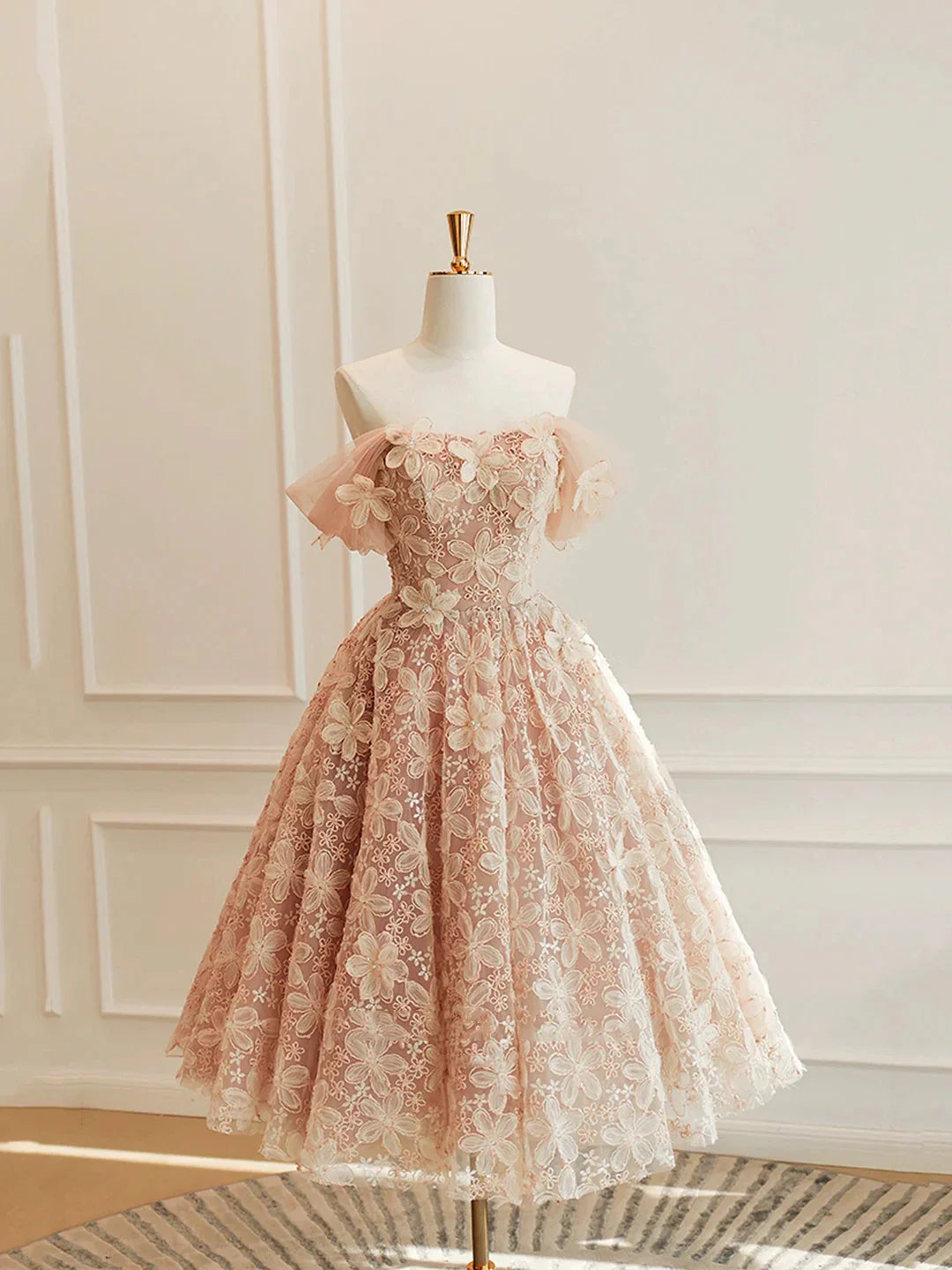 Cute Tulle Flower Short Prom Dress Beautiful Off the Shoulder A-Line Evening Party Dress