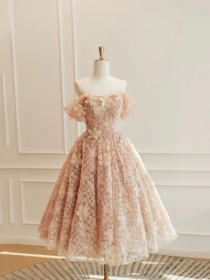 Cute Tulle Flower Short Prom Dress Beautiful Off the Shoulder A-Line Evening Party Dress