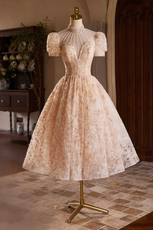 Cute Tulle Flower Tea Length Prom Dress Beautiful Short Sleeve A-Line Evening Party Dress