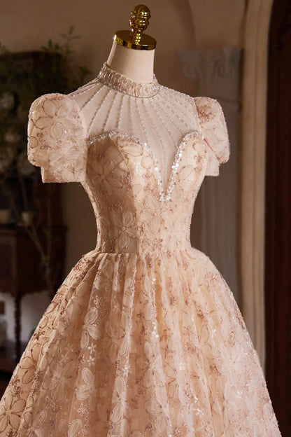 Cute Tulle Flower Tea Length Prom Dress Beautiful Short Sleeve A-Line Evening Party Dress