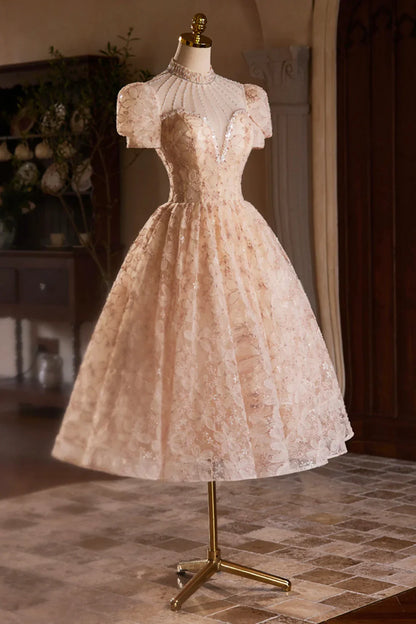 Cute Tulle Flower Tea Length Prom Dress Beautiful Short Sleeve A-Line Evening Party Dress