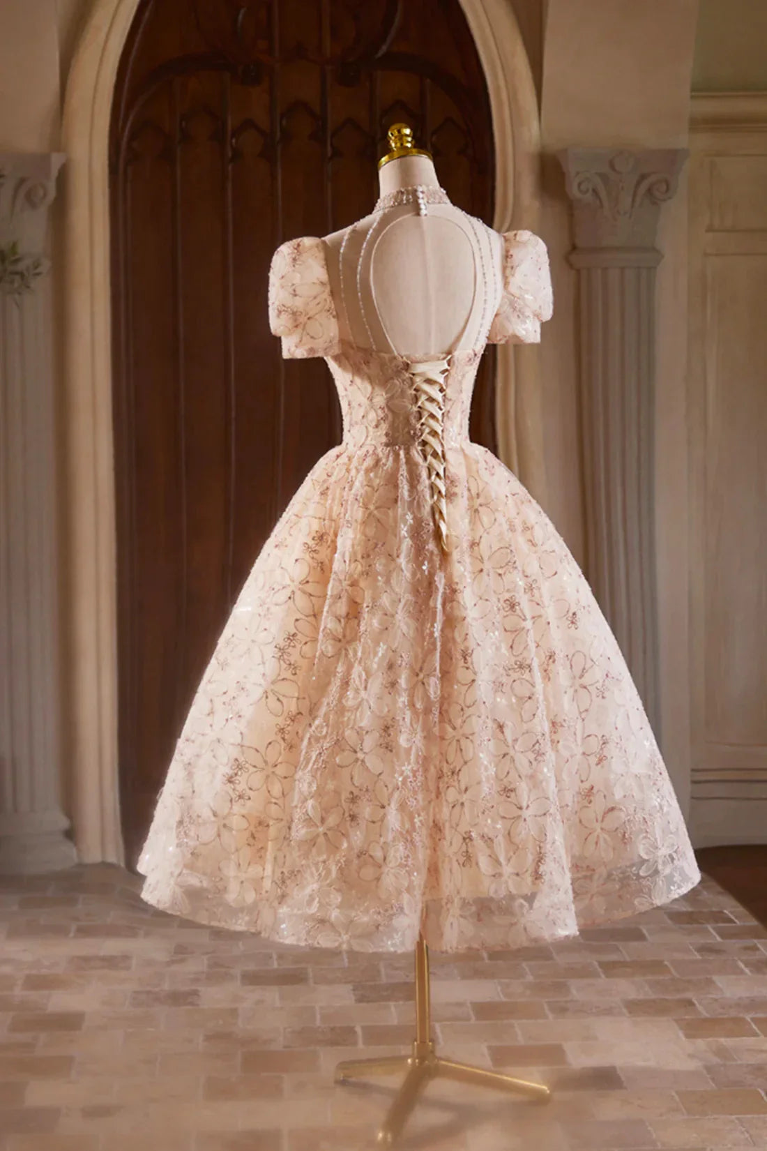 Cute Tulle Flower Tea Length Prom Dress Beautiful Short Sleeve A-Line Evening Party Dress