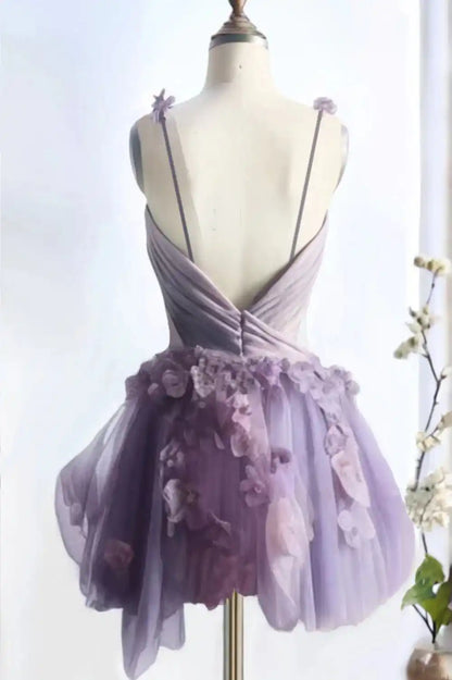 Cute Tulle Lilac Homecoming Dress with Flowers