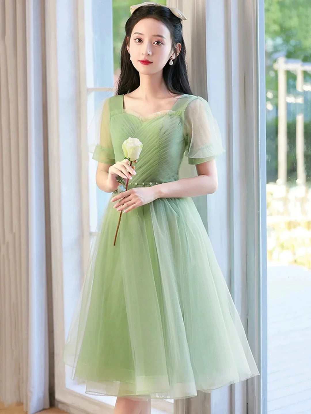 Cute Tulle Short Knee Length Prom Dress Green A-Line Evening Party Dress