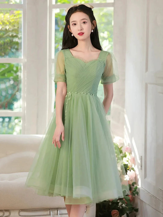 Cute Tulle Short Knee Length Prom Dress Green A-Line Evening Party Dress