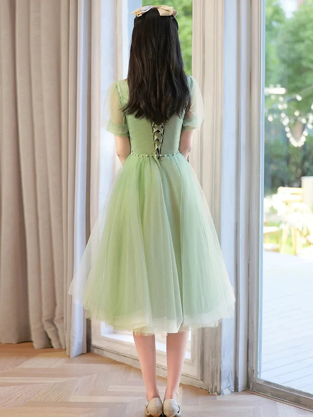 Cute Tulle Short Knee Length Prom Dress Green A-Line Evening Party Dress