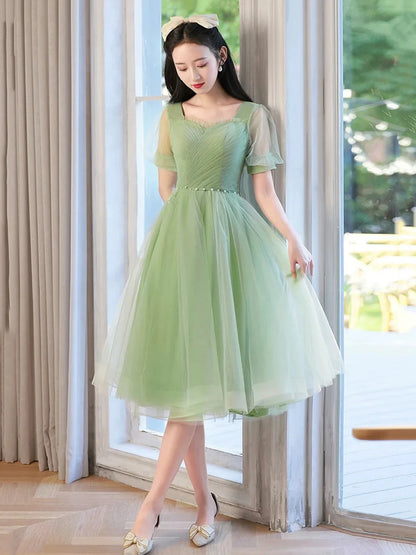 Cute Tulle Short Knee Length Prom Dress Green A-Line Evening Party Dress