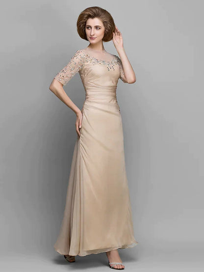 A-Line Mother of the Bride Dress Vintage Inspired Jewel Neck Ankle Length Chiffon Half Sleeve with Ruched Beading