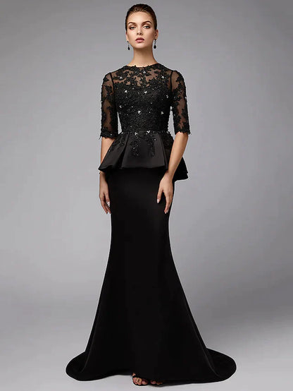 Mother of the Bride Dress Sexy See Through Jewel Neck Lace Satin Half Sleeve with Beading Appliques