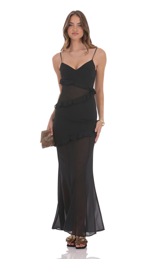 Daring Sheer-Overlay Bodycon Spaghetti-Strap Bow-Back Black Chiffon Floor-Length Prom Dresses