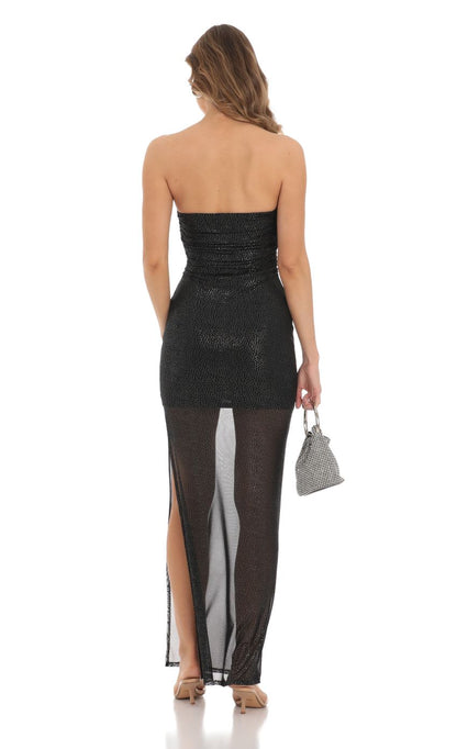 Daring Sheer-Overlay Bodycon Strapless Open-Back Black Sequin Floor-Length Prom Dresses