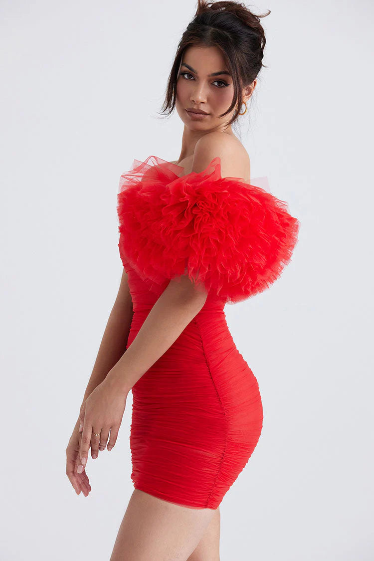 Daring Bodycon Strapless One-Shoulder Ruched Ruffle Mesh Red Mini Homecoming Dresses