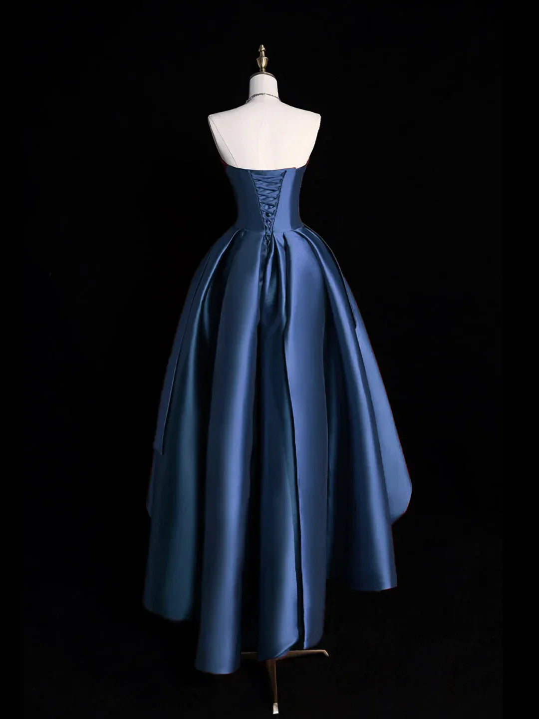 Dark Blue Satin Hight Low Prom Dress Lovely A-Line Strapless Party Dress