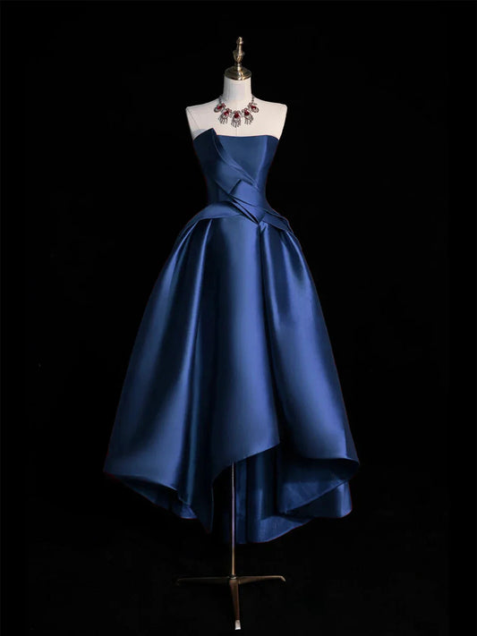 Dark Blue Satin Hight Low Prom Dress Lovely A-Line Strapless Party Dress