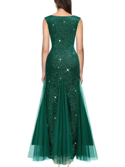 Elegant Sheath Deep V-Neck Sleeveless Sequin Strap Ruched High-Slit Maxi Evening Dress