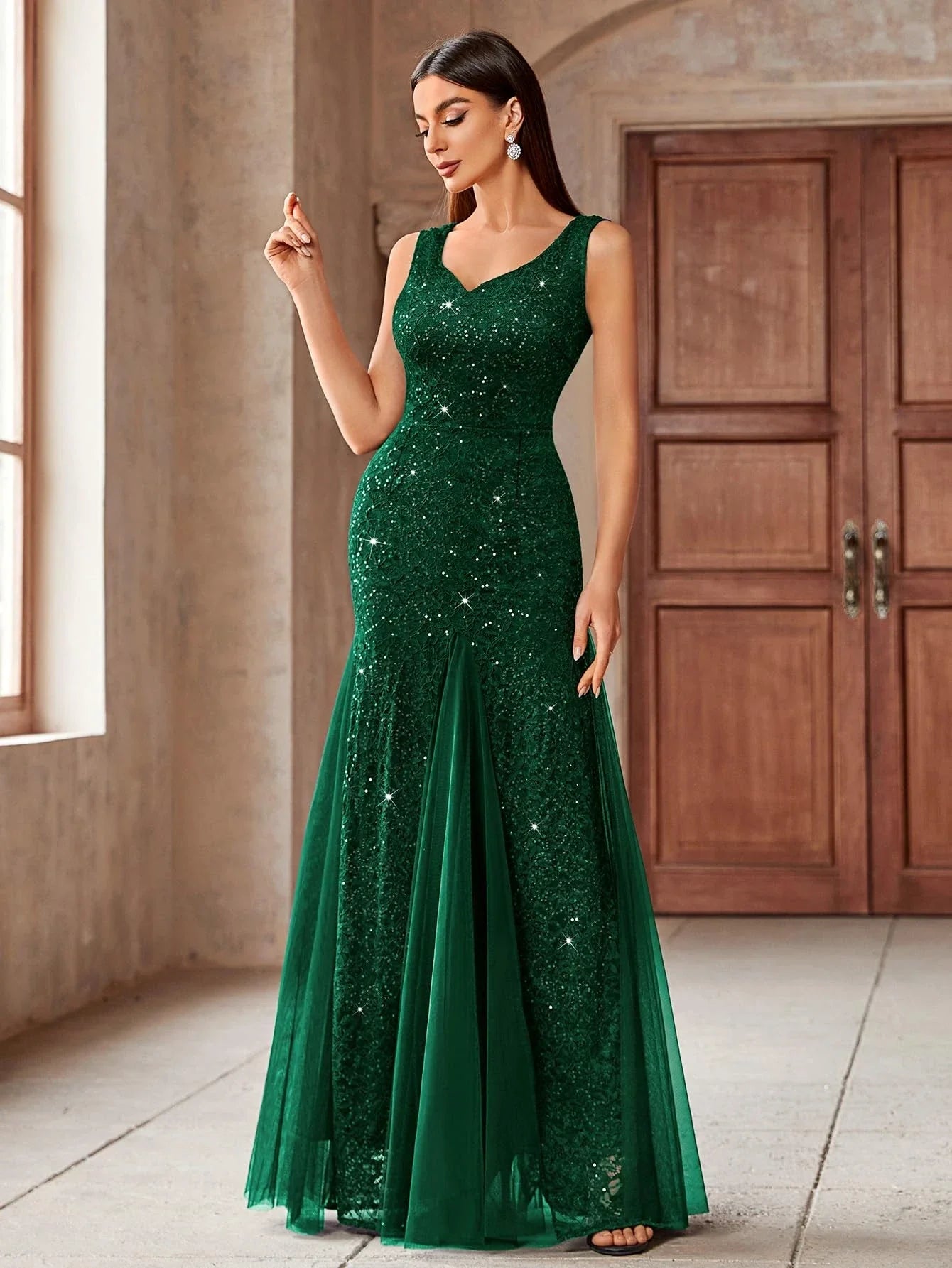 Elegant Sheath Deep V-Neck Sleeveless Sequin Strap Ruched High-Slit Maxi Evening Dress