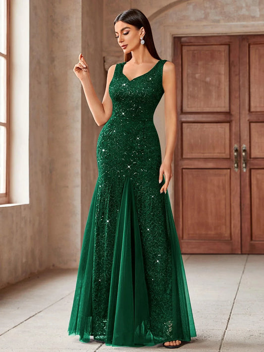 Elegant Sheath Deep V-Neck Sleeveless Sequin Strap Ruched High-Slit Maxi Evening Dress