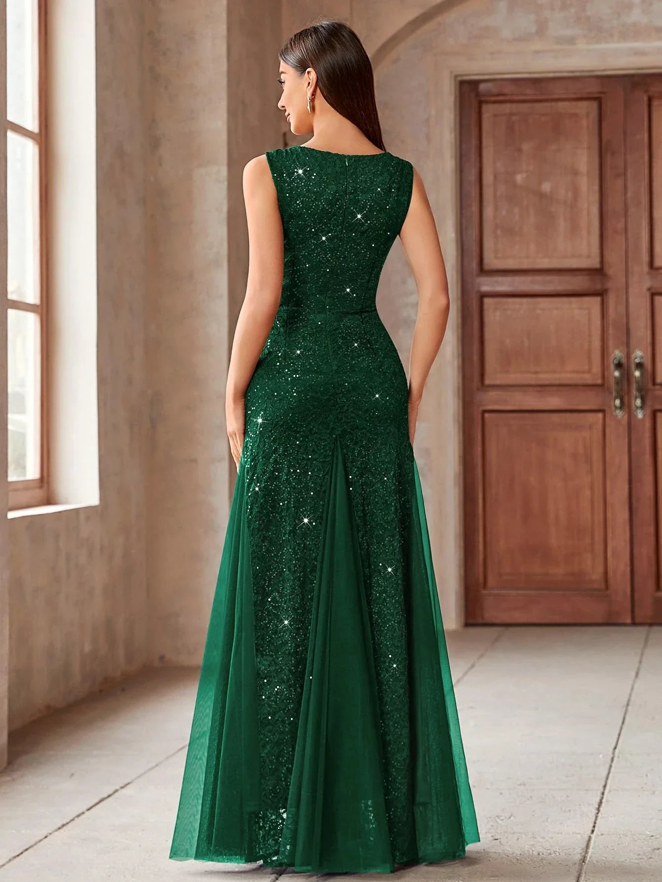 Elegant Sheath Deep V-Neck Sleeveless Sequin Strap Ruched High-Slit Maxi Evening Dress