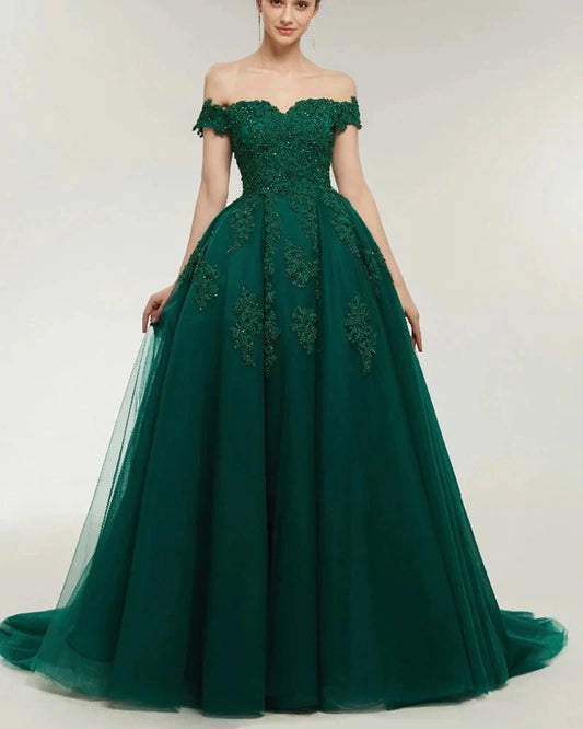 Dark Green Lace Ball Gown Prom Dresses Off the Shoulder Formal Gowns
