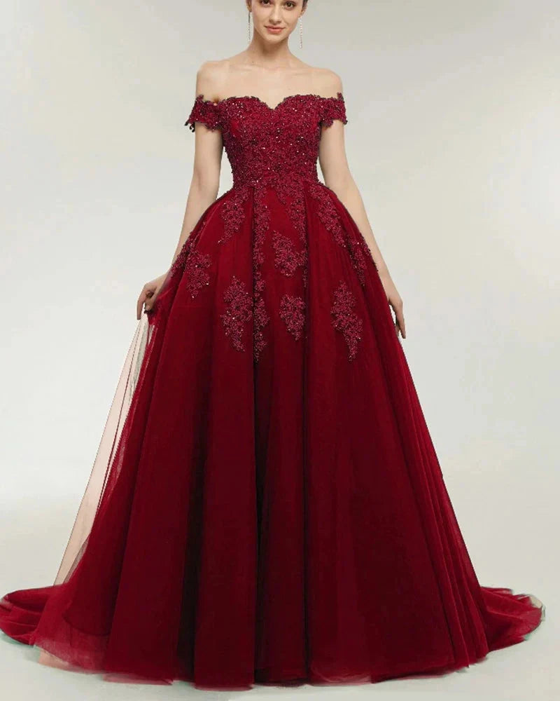 Dark Green Lace Ball Gown Prom Dresses Off the Shoulder Formal Gowns
