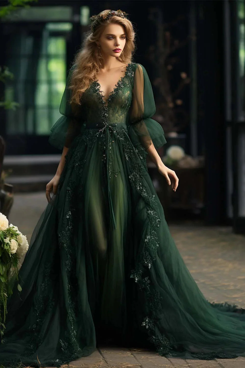 Dark Green Prom Dress with Sleeves