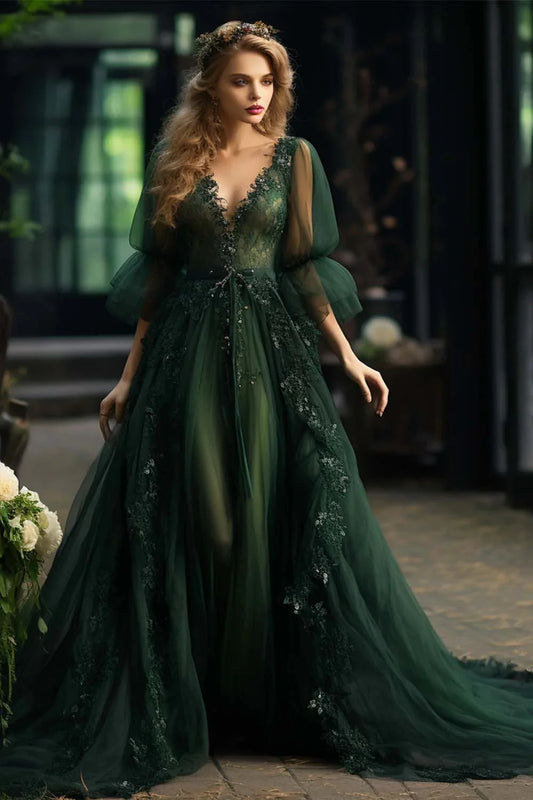 Dark Green Prom Dress with Sleeves