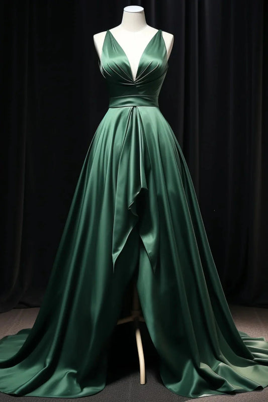 Dark Green Satin Slit Party Dress