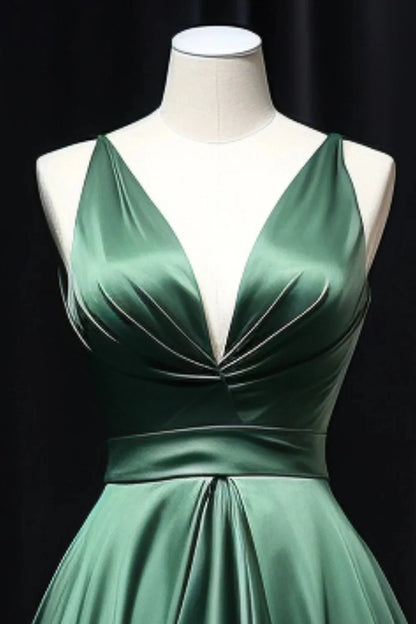 Dark Green Satin Slit Party Dress