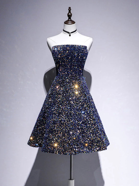 Blue sequin A-line strapless cocktail dress.