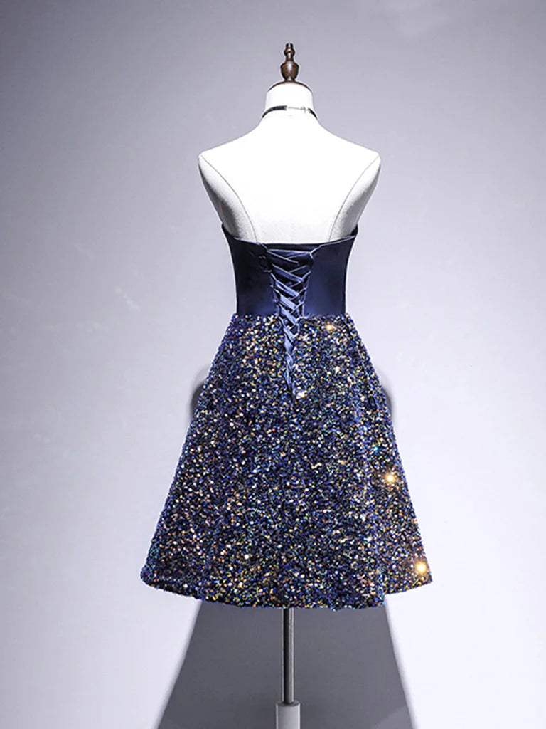 Elegant blue sequin homecoming dress, front view.