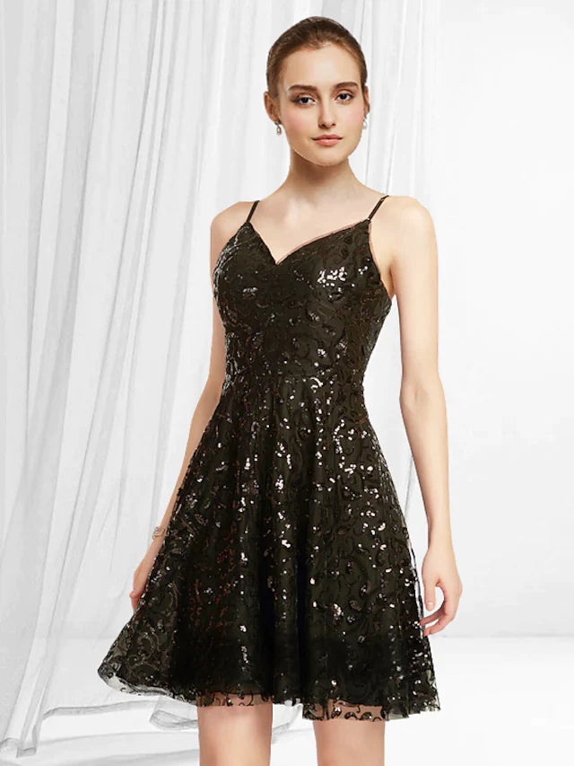 Model wearing a sparkling A-line V-neck short mini homecoming dress with lace and sequins.