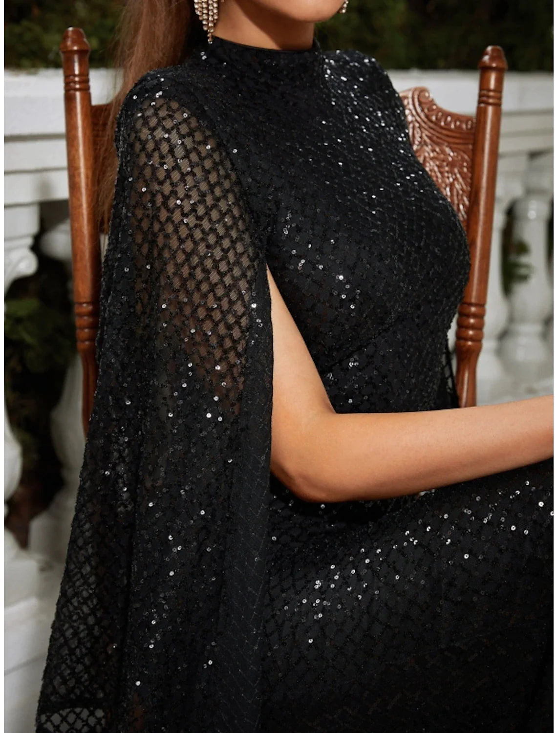 Front view of the high neck sequined formal dress, showcasing the mermaid silhouette.