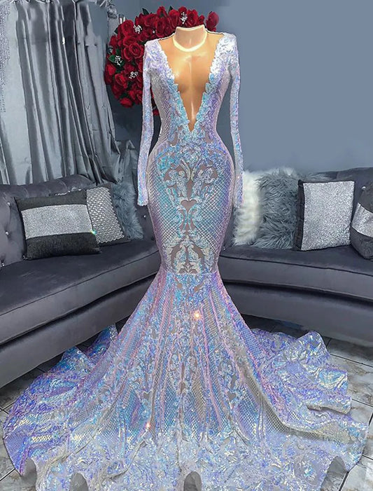 Front view of a woman wearing an elegant sequined mermaid trumpet evening gown.
