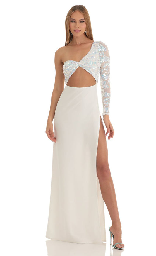 Dazzling Sheath One-Shoulder Long-Sleeve Cut-Out-Back Ivory Sequin Floor-Length Prom Dresses