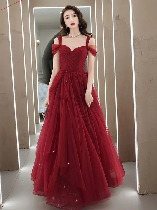 Dazzling A-Line Sweetheart Short Ruffle-Sleeve Glitter Tulle Burgundy Maxi Evening Dress for Women