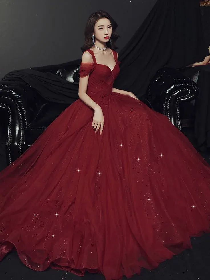 Dazzling A-Line Sweetheart Short Ruffle-Sleeve Glitter Tulle Burgundy Maxi Evening Dress for Women