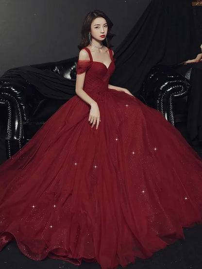 Dazzling A-Line Sweetheart Short Ruffle-Sleeve Glitter Tulle Burgundy Maxi Evening Dress for Women