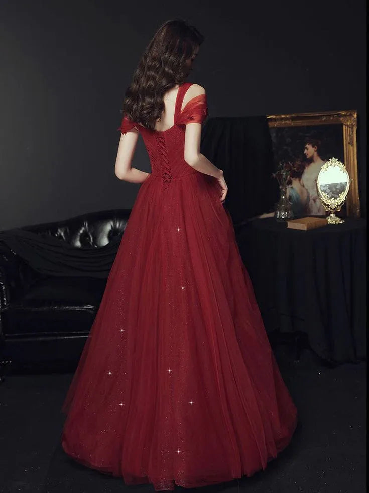 Dazzling A-Line Sweetheart Short Ruffle-Sleeve Glitter Tulle Burgundy Maxi Evening Dress for Women