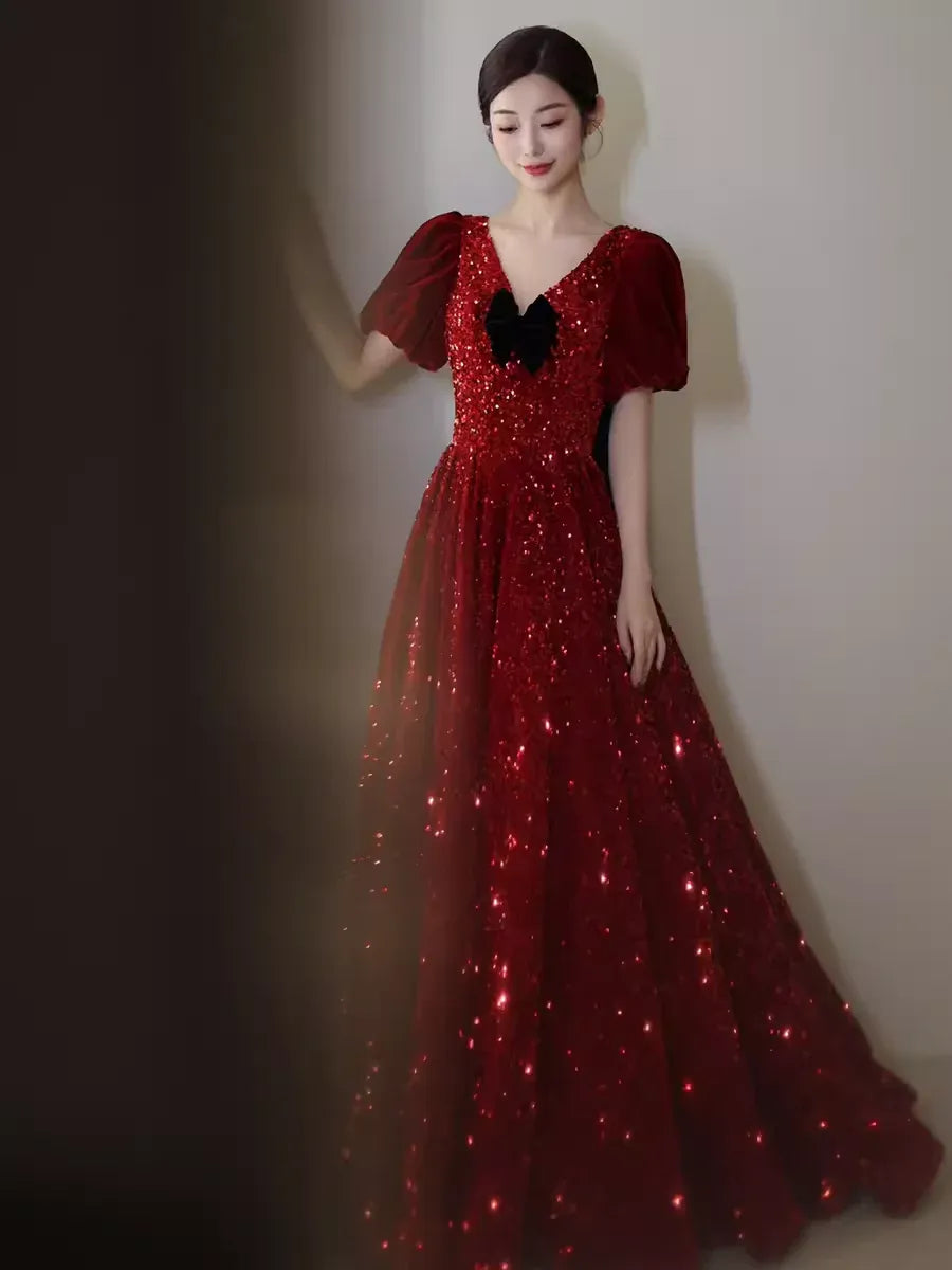 Dazzling Ballgown V-Neck Short-Sleeve Sequin Burgundy Maxi Prom Dress for Women Custom