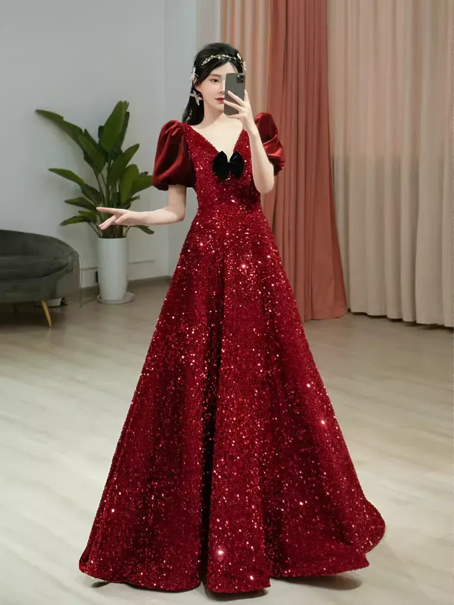 Dazzling Ballgown V-Neck Short-Sleeve Sequin Burgundy Maxi Prom Dress for Women Custom