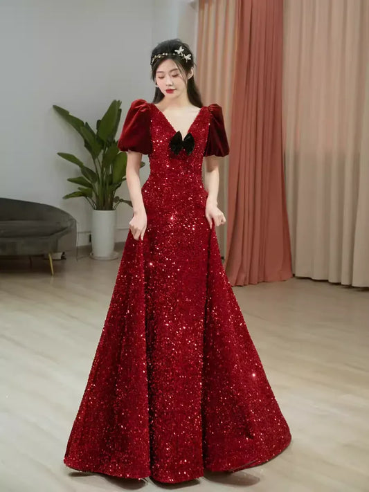 Dazzling Ballgown V-Neck Short-Sleeve Sequin Burgundy Maxi Prom Dress for Women Custom