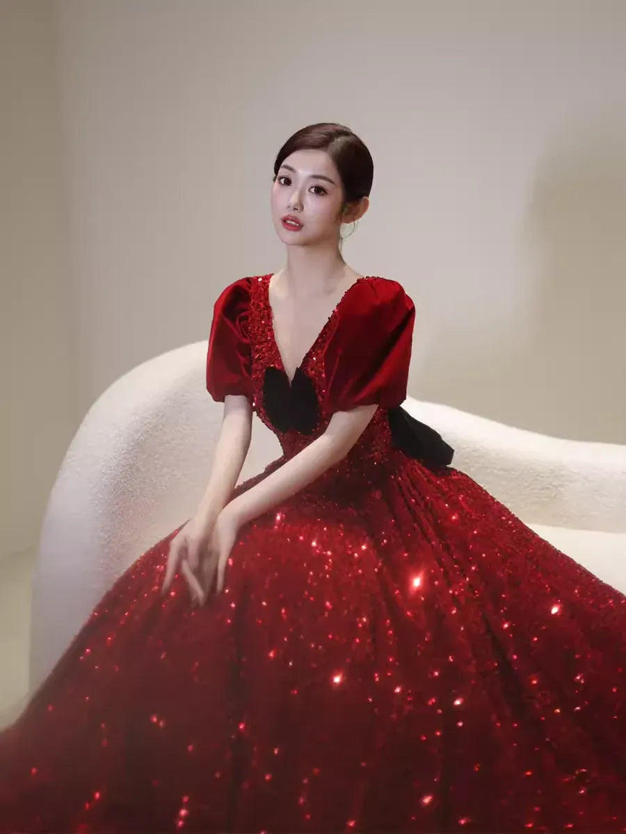 Dazzling Ballgown V-Neck Short-Sleeve Sequin Burgundy Maxi Prom Dress for Women Custom