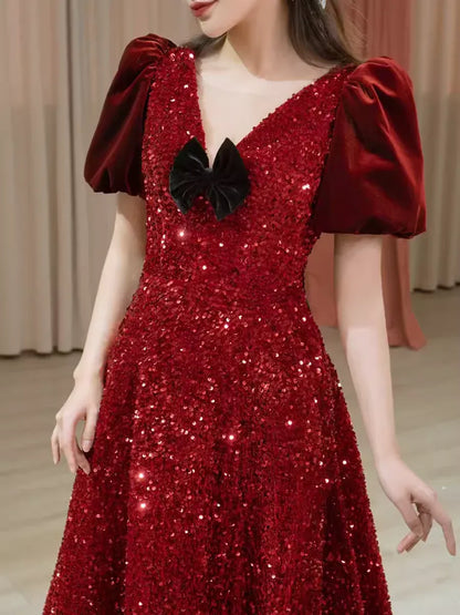 Dazzling Ballgown V-Neck Short-Sleeve Sequin Burgundy Maxi Prom Dress for Women Custom