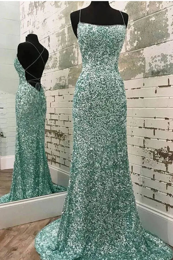 Dazzling Mermaid Spaghetti Straps Beaded Sequin Mint Green Floor-length Prom Dress for Women Ready to Ship