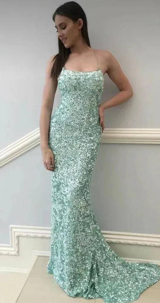 Dazzling Mermaid Spaghetti Straps Beaded Sequin Mint Green Floor-length Prom Dress for Women Ready to Ship