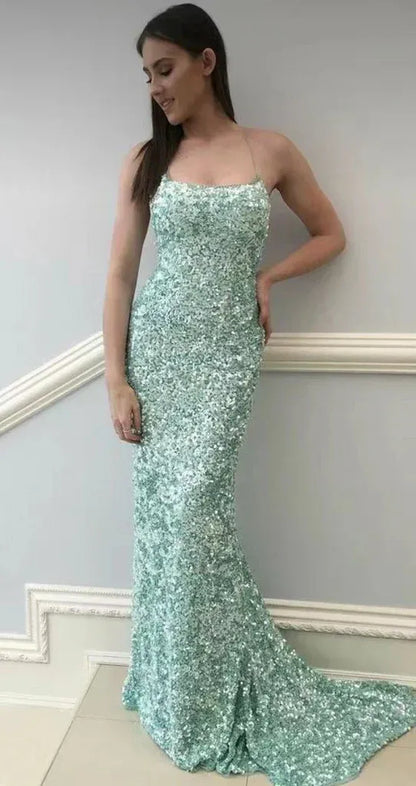 Dazzling Mermaid Spaghetti Straps Beaded Sequin Mint Green Floor-length Prom Dress for Women Ready to Ship