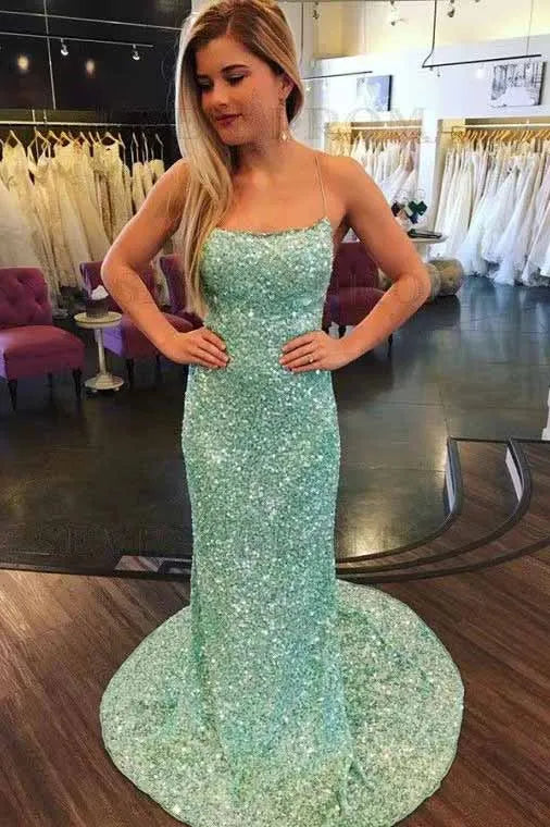 Dazzling Mermaid Spaghetti Straps Beaded Sequin Mint Green Floor-length Prom Dress for Women Ready to Ship
