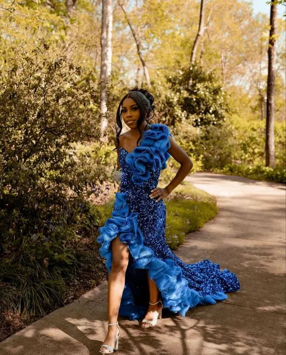 Dazzling Mermaid Sweetheart Sleeveless Ruffled Sequin Royal Blue Maxi Evening Dress for Women
