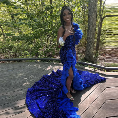 Dazzling Mermaid Sweetheart Sleeveless Ruffled Sequin Royal Blue Maxi Evening Dress for Women